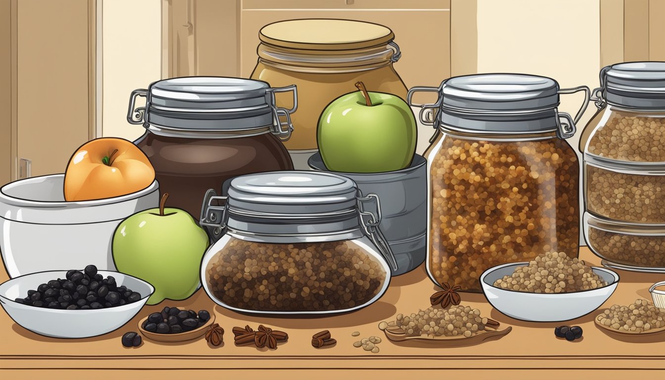 A kitchen counter with jars of homemade mincemeat, surrounded by ingredients like apples, raisins, spices, and a pot of simmering mixture