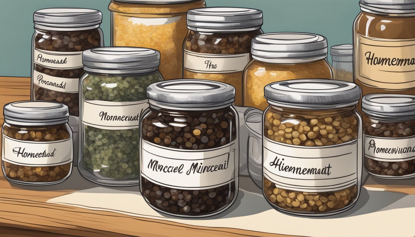 A kitchen counter with jars of homemade mincemeat being sealed and labeled for preservation