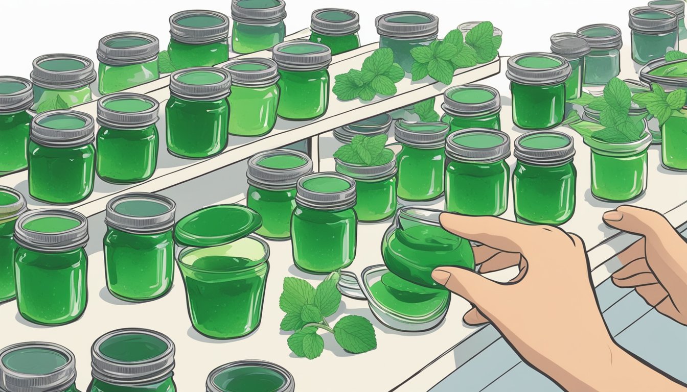 A person pouring homemade mint jelly into glass jars