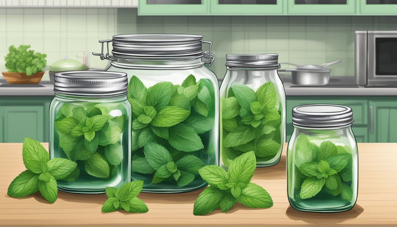 A kitchen counter with fresh mint leaves, sugar, and canning jars ready for homemade mint jelly