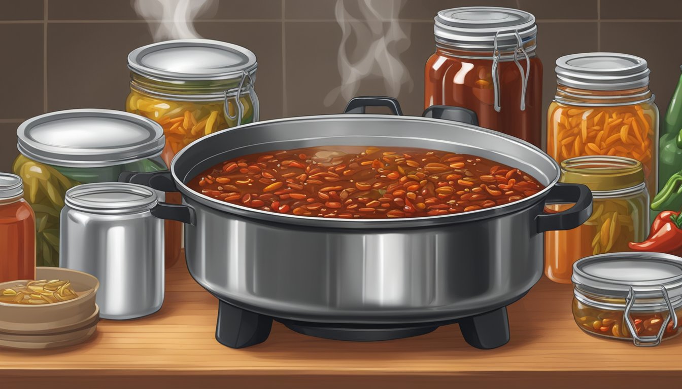 A large pot of Texas chili simmering on a stove, surrounded by jars and canning equipment