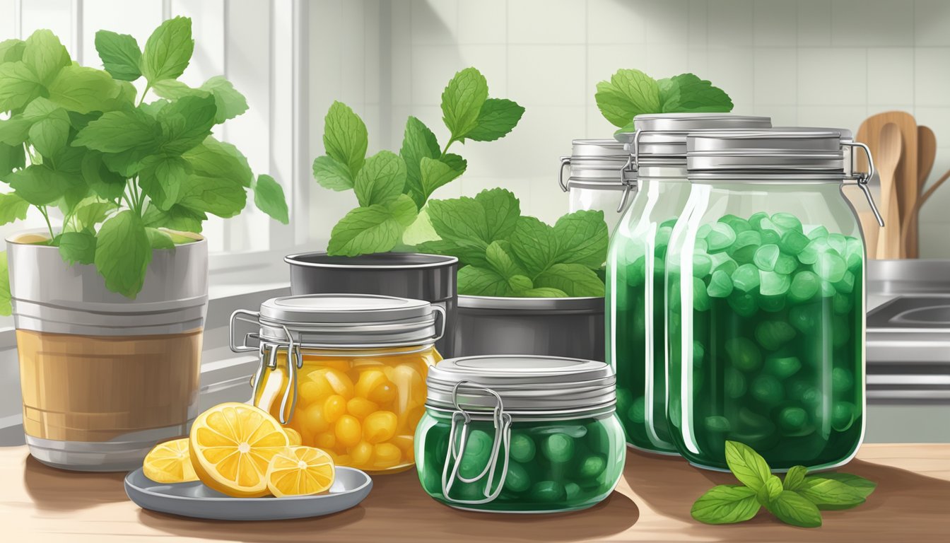 A kitchen counter with jars of freshly canned mint jelly cooling next to a pot of boiling water and a stack of clean canning supplies