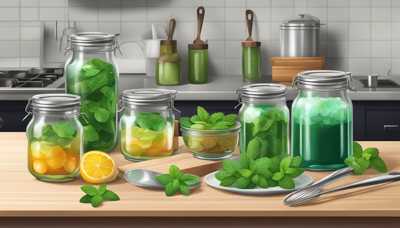 A kitchen counter with jars of mint jelly, a pot of boiling liquid, and various canning tools and ingredients scattered around