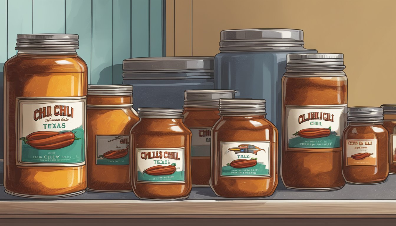 A steaming pot of Texas chili sits on a stovetop next to a row of freshly canned jars, ready for long-term preservation