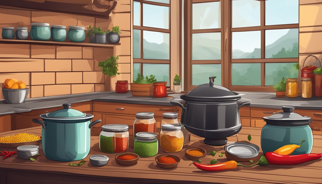 A rustic kitchen with a large pot of chili simmering on the stove, surrounded by jars and cans for preservation. Spices and chili peppers are scattered on the counter