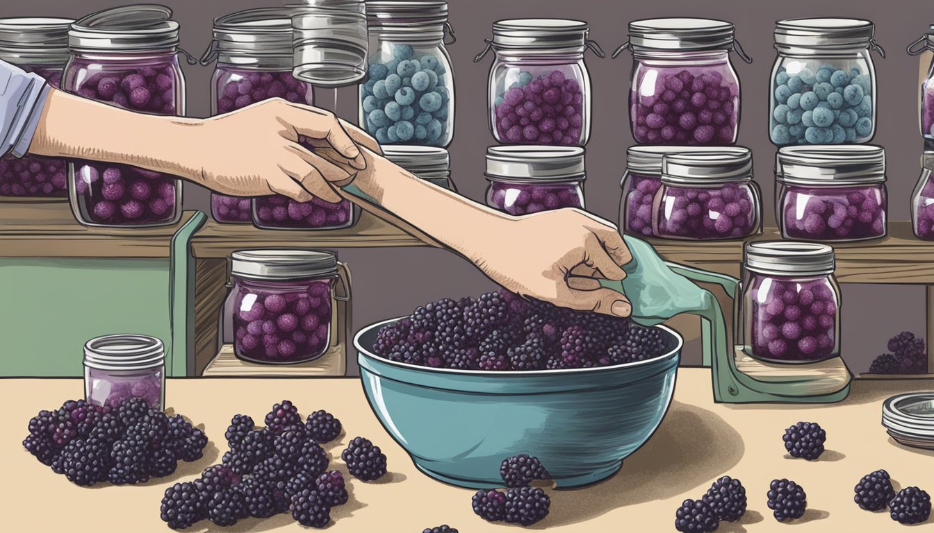 A person selecting and washing boysenberries, then placing them into canning jars