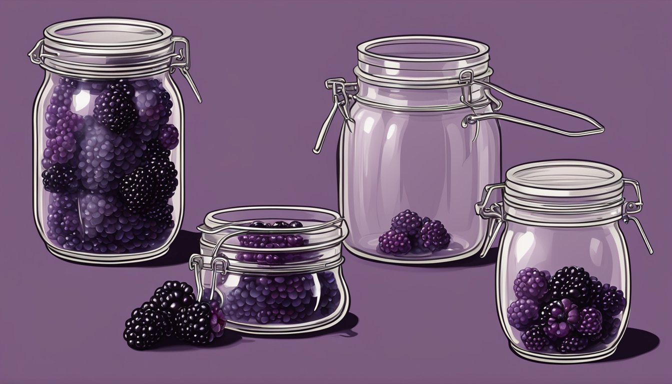 Boysenberries being placed into glass jars, lids being sealed with a canning tool, and jars placed in a boiling water bath