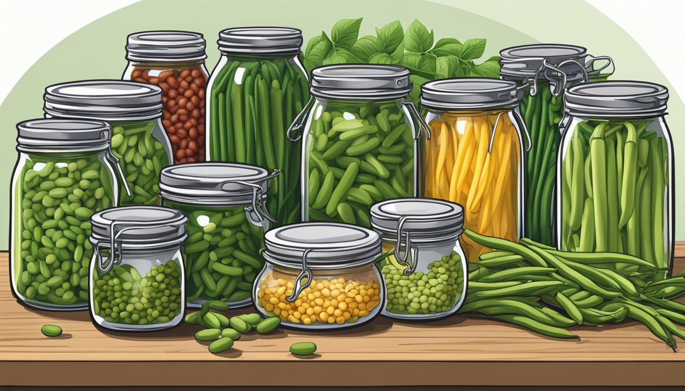 A table with various canning equipment, including jars, lids, tongs, and a pressure canner, surrounded by fresh green beans