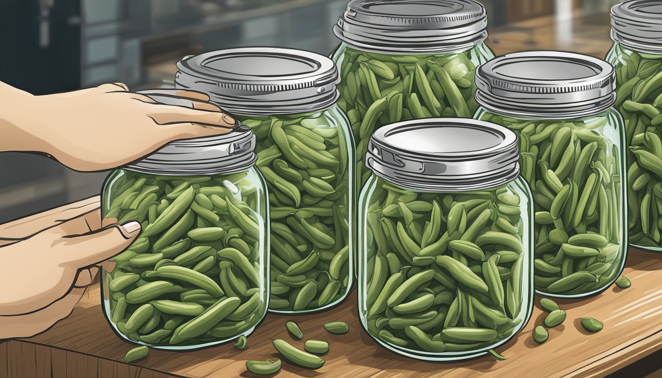 Fresh green beans being carefully placed into glass jars, sealed and labeled with the "After Canning Care" logo