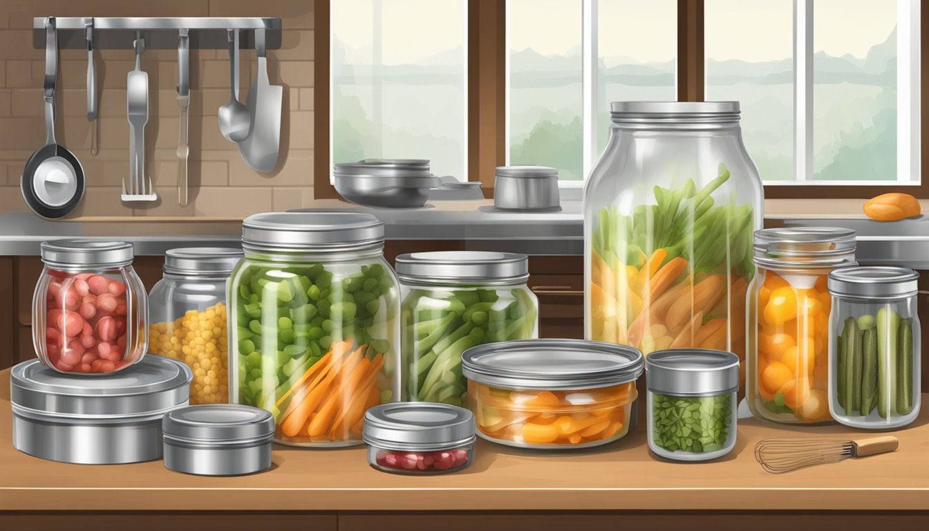 A kitchen counter with jars, canned rabbit meat, a pressure canner, and various tools for home canning