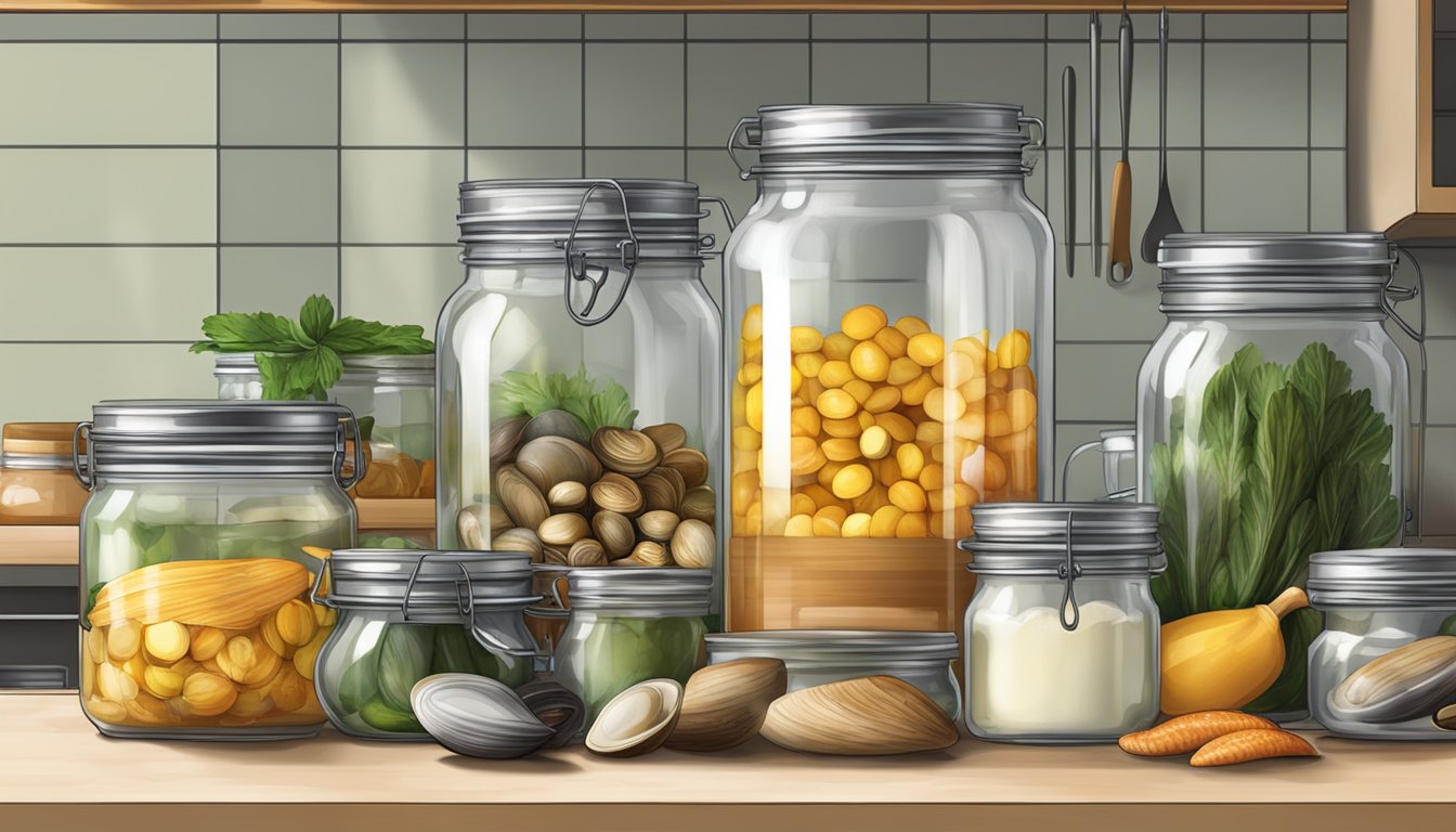 A kitchen counter with jars, clams, a pot of boiling water, and various canning tools