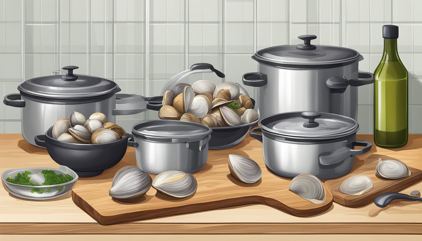 A kitchen counter with a pot of boiling water, a pile of fresh clams, a cutting board, and various utensils for cleaning and preparing the clams for canning