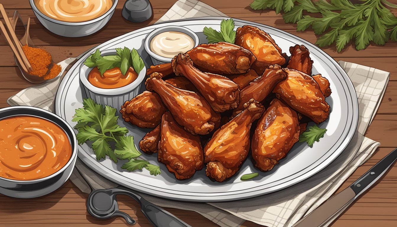 A plate of BBQ chicken wings with a side of Texas-style sauce, surrounded by essential ingredients like spices, herbs, and a grill