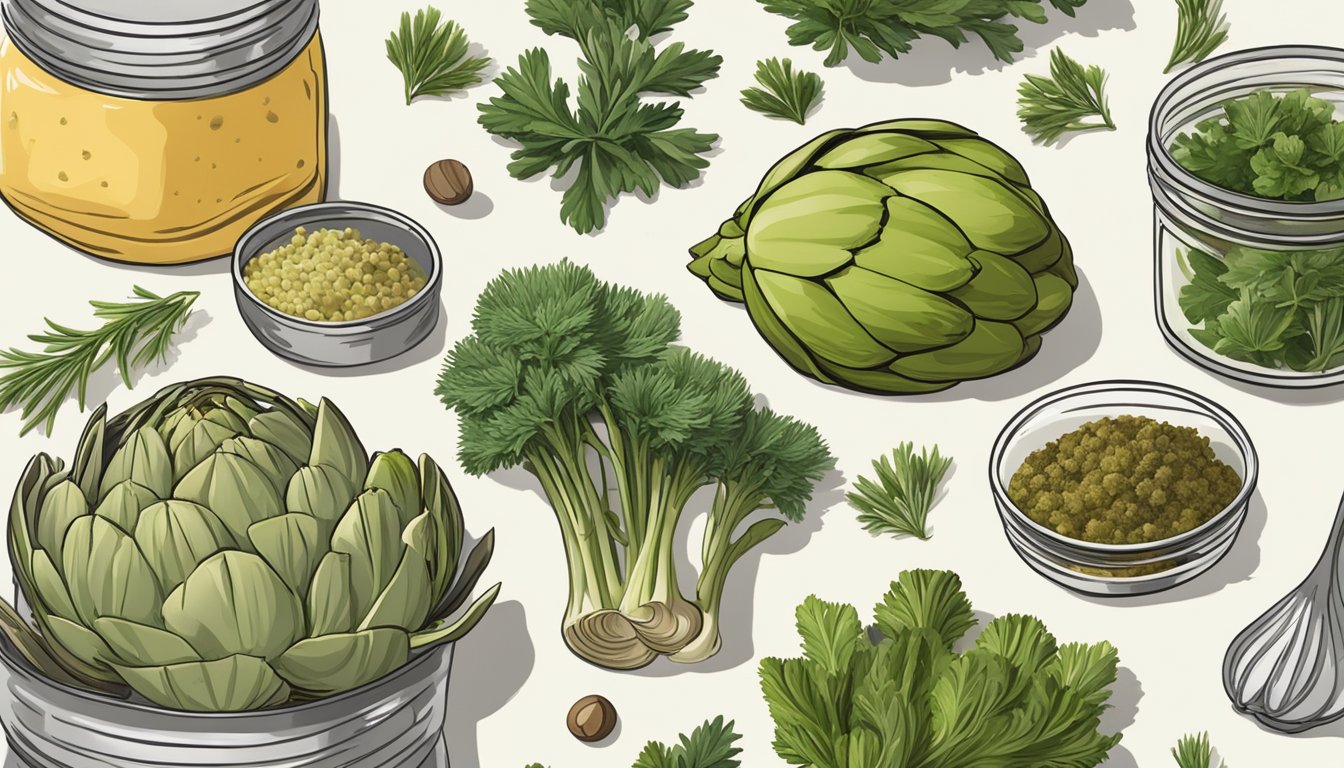 A kitchen counter with artichokes, herbs, and various flavorings laid out for canning