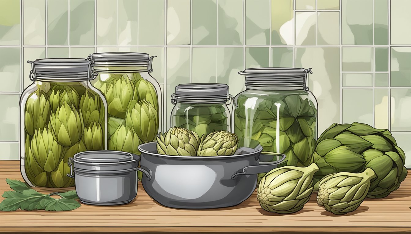 A kitchen counter with fresh artichokes, a pot of boiling water, and various canning supplies laid out for home preservation