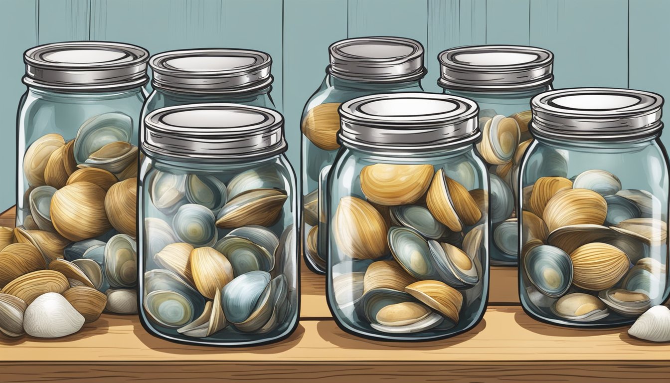 Fresh clams being carefully placed into glass jars, sealed with metal lids, and submerged in boiling water for canning