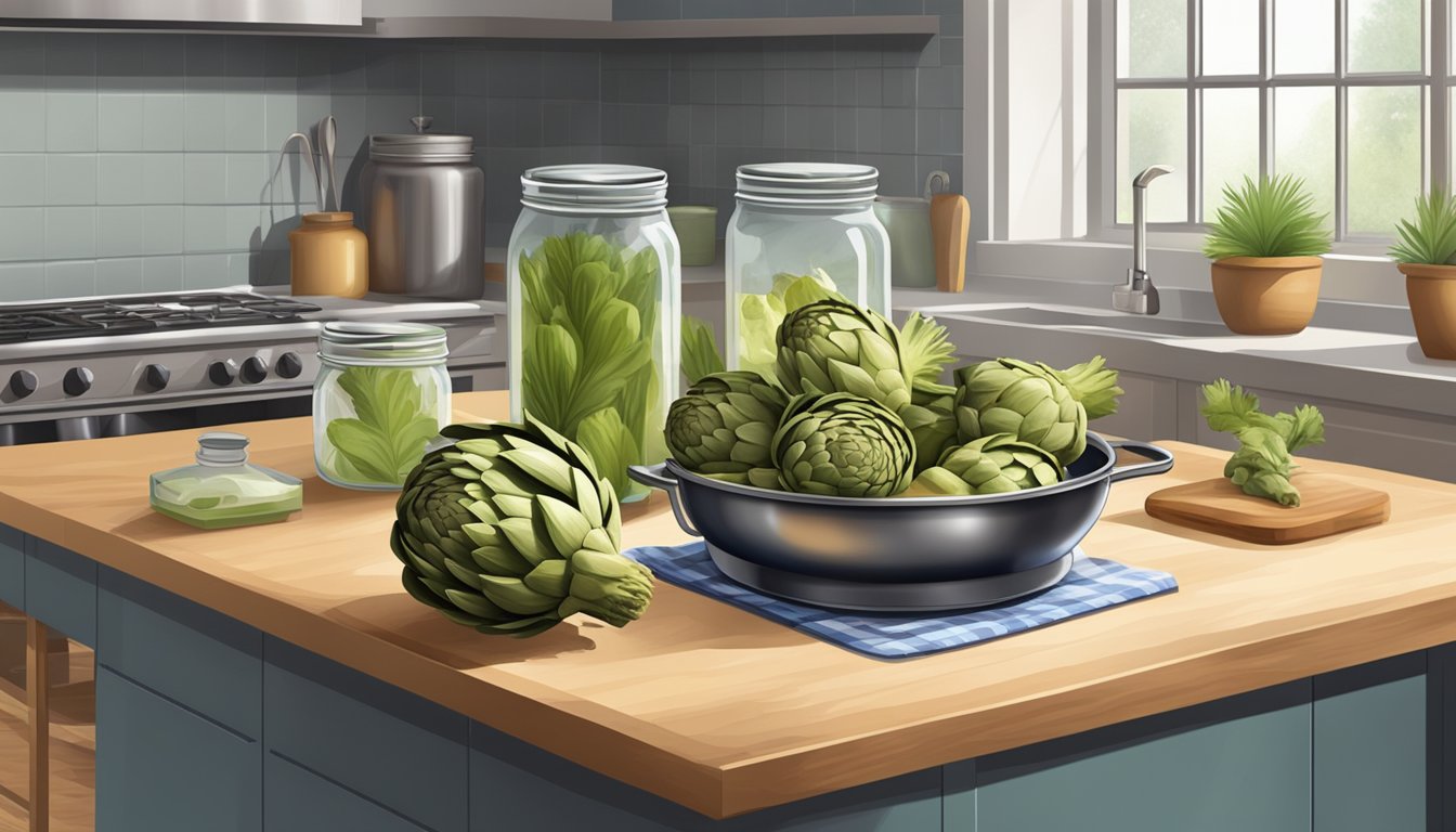 A kitchen counter with a pot of boiling water, a cutting board with artichokes, and jars for canning