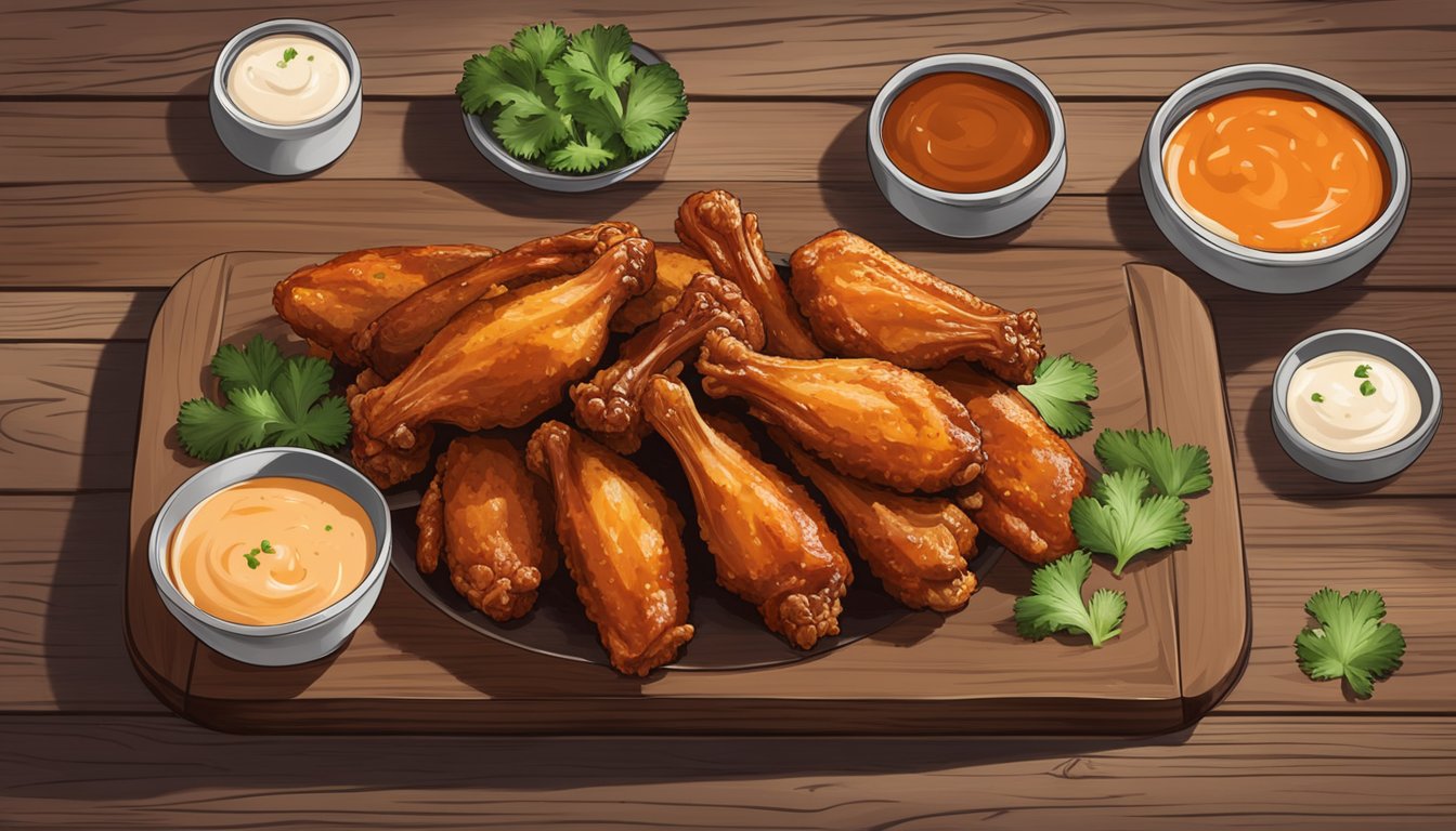 A platter of Texas-style BBQ chicken wings with a side of tangy sauce and a garnish of fresh cilantro on a rustic wooden table