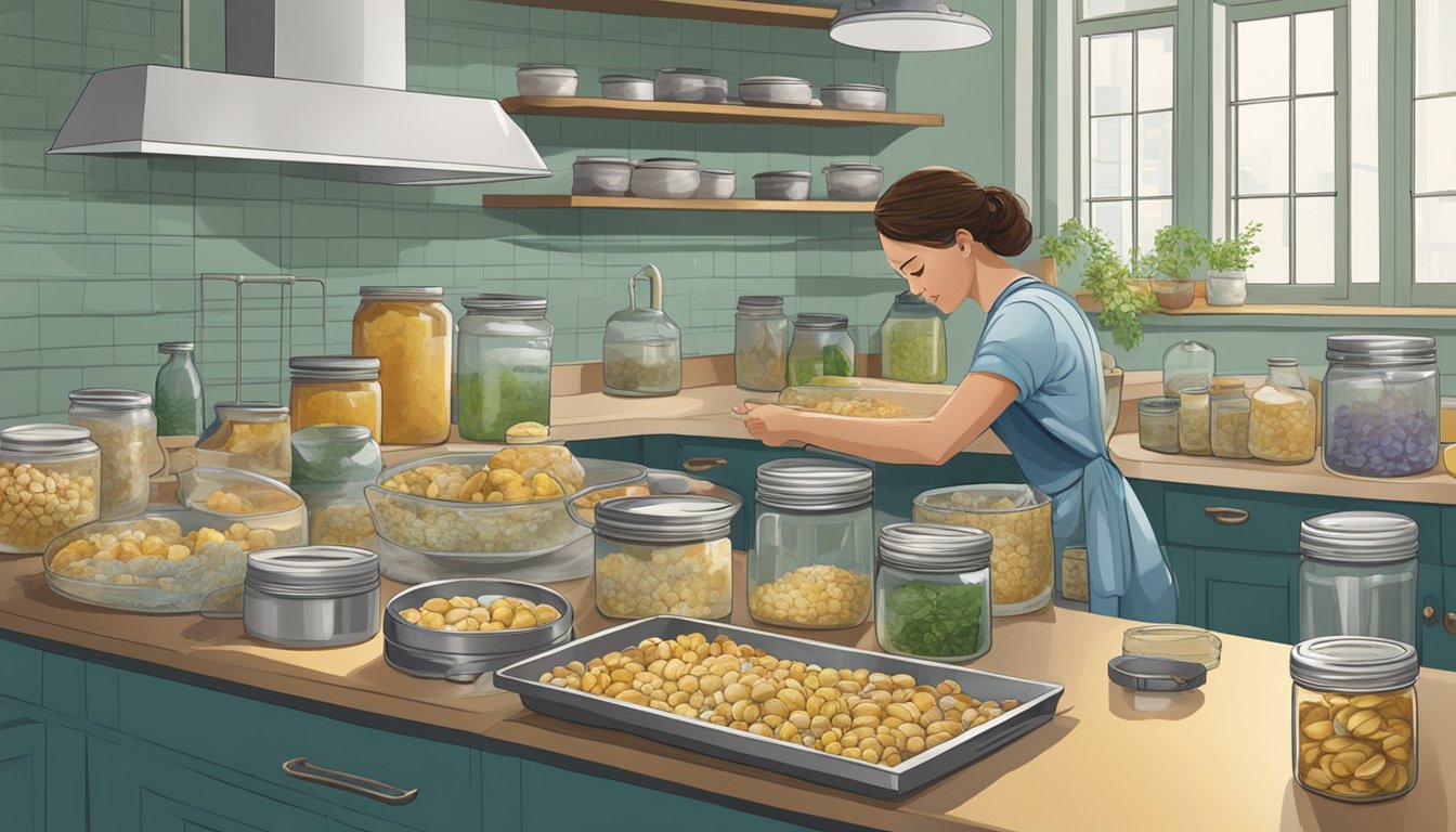 A person in a kitchen, surrounded by canning equipment, preparing and packing fresh clams into glass jars