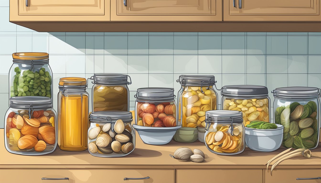 A kitchen counter with a variety of canning supplies, including jars, lids, and a pot of boiling water. A bowl of freshly harvested clams sits nearby