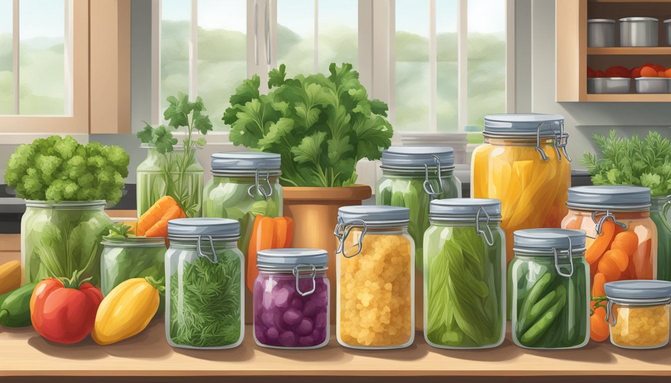 A kitchen counter with jars of colorful chow chow lined up, surrounded by fresh vegetables and herbs