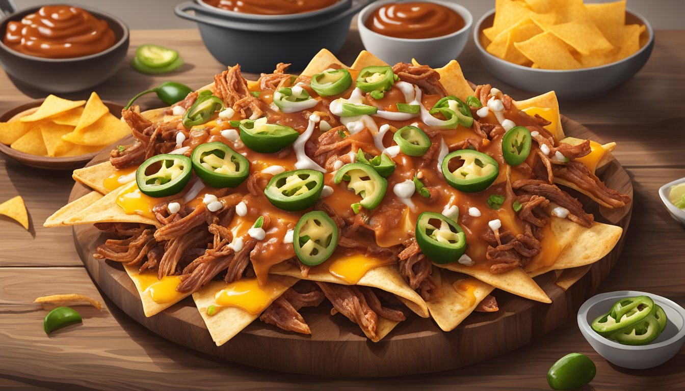 A plate of loaded BBQ nachos with Texas-style chips, smothered in cheese, pulled pork, jalapenos, and BBQ sauce, served on a rustic wooden board