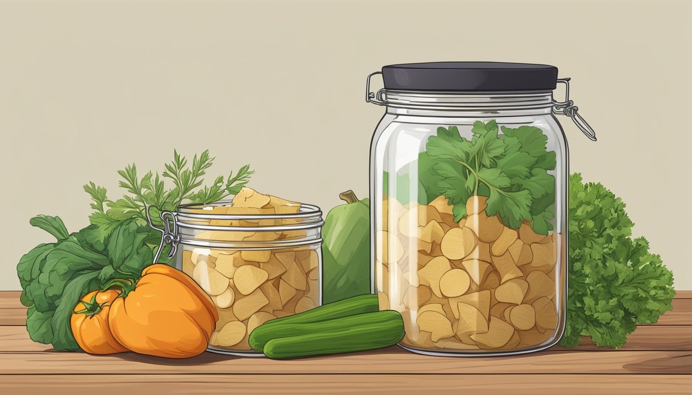 A jar of homemade chow chow on a wooden table with fresh vegetables and herbs scattered around it