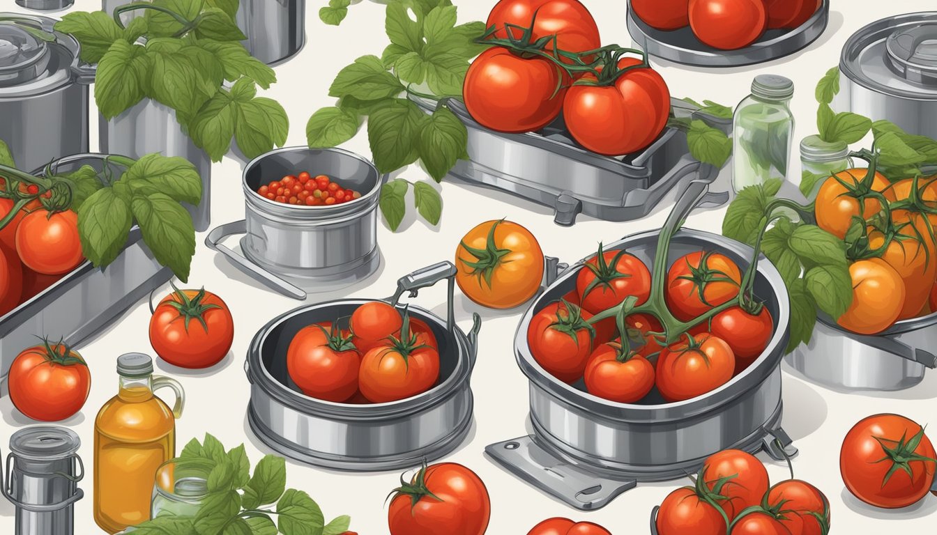 Tomatoes in various stages of preparation, from washing to canning, surrounded by tools and equipment for maintaining quality and safety