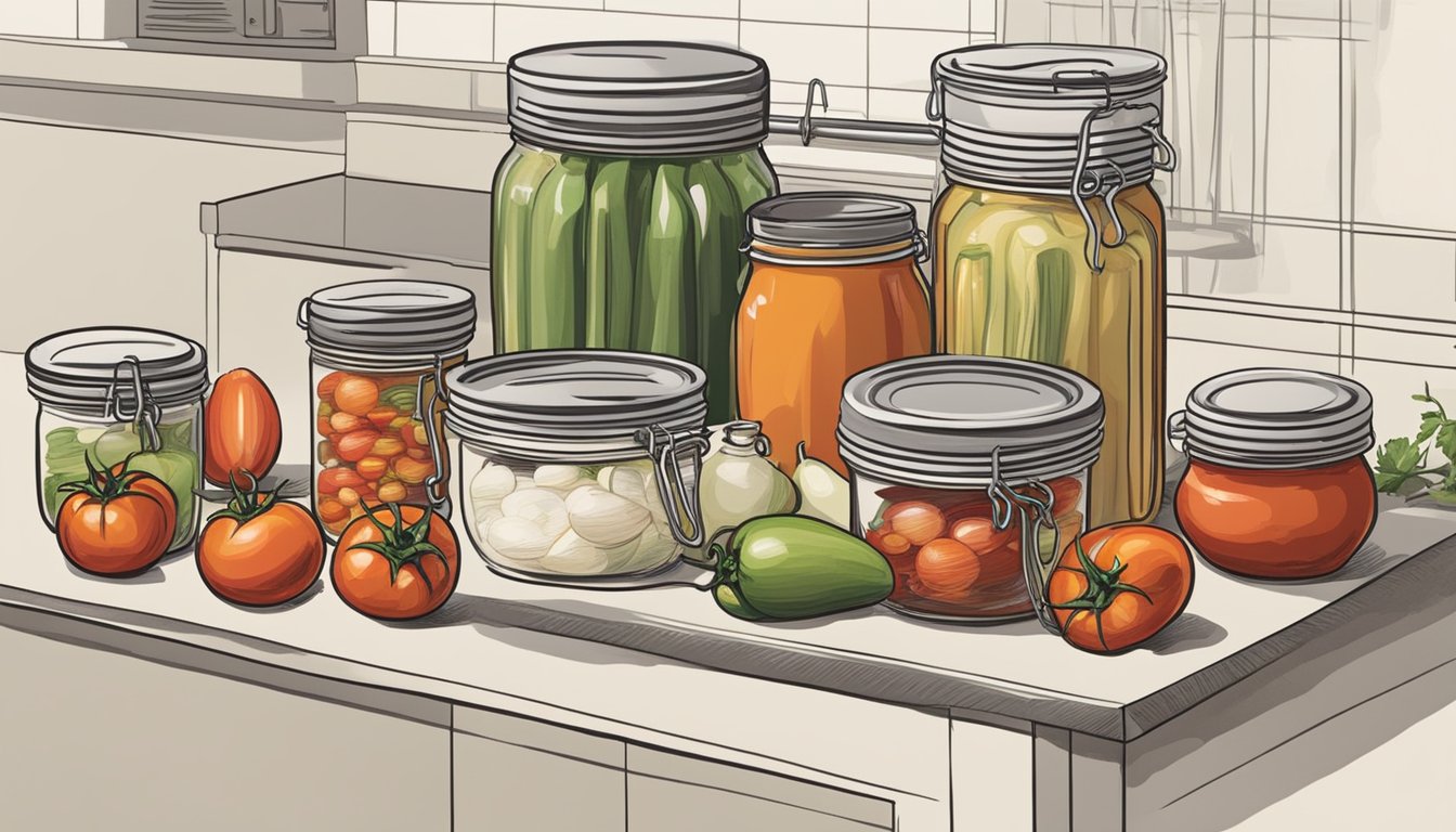 Fresh tomatoes, onions, and peppers arranged on a kitchen counter, alongside jars, a pot, and a ladle. A recipe book open to a page on canning salsa