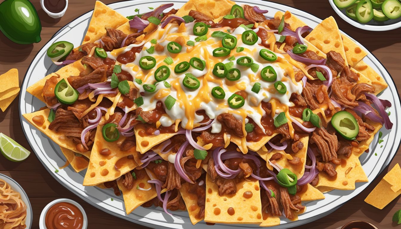 A platter of loaded BBQ nachos, piled high with layers of cheese, pulled pork, jalapeños, and drizzled with tangy barbecue sauce