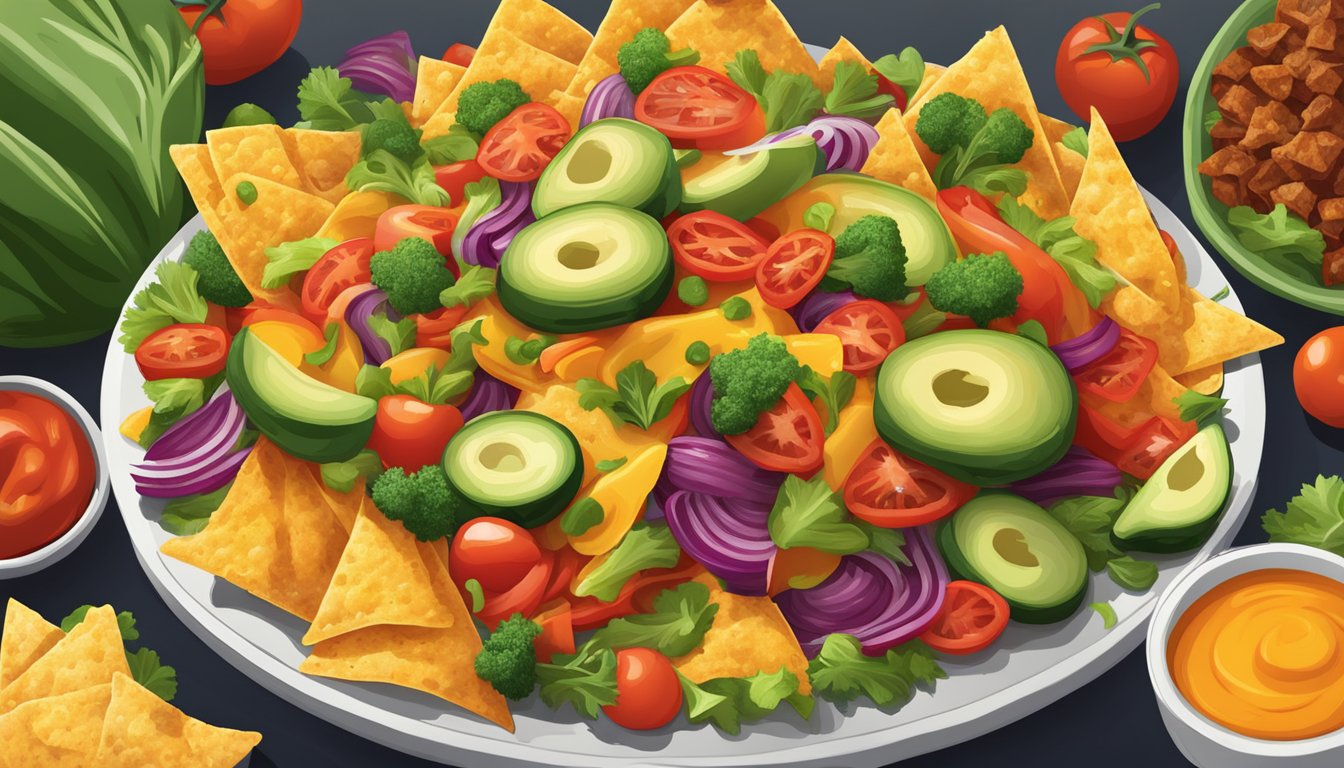 A colorful array of fresh vegetables piled high on a bed of crispy BBQ nachos, capturing the essence of Texas-style cuisine