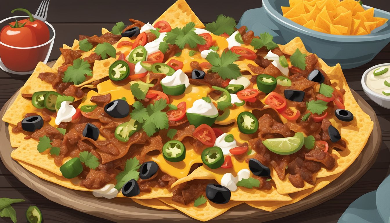 A plate of loaded BBQ nachos with a variety of toppings and garnishes, including melted cheese, diced tomatoes, jalapenos, and cilantro, arranged in a Texas-style presentation