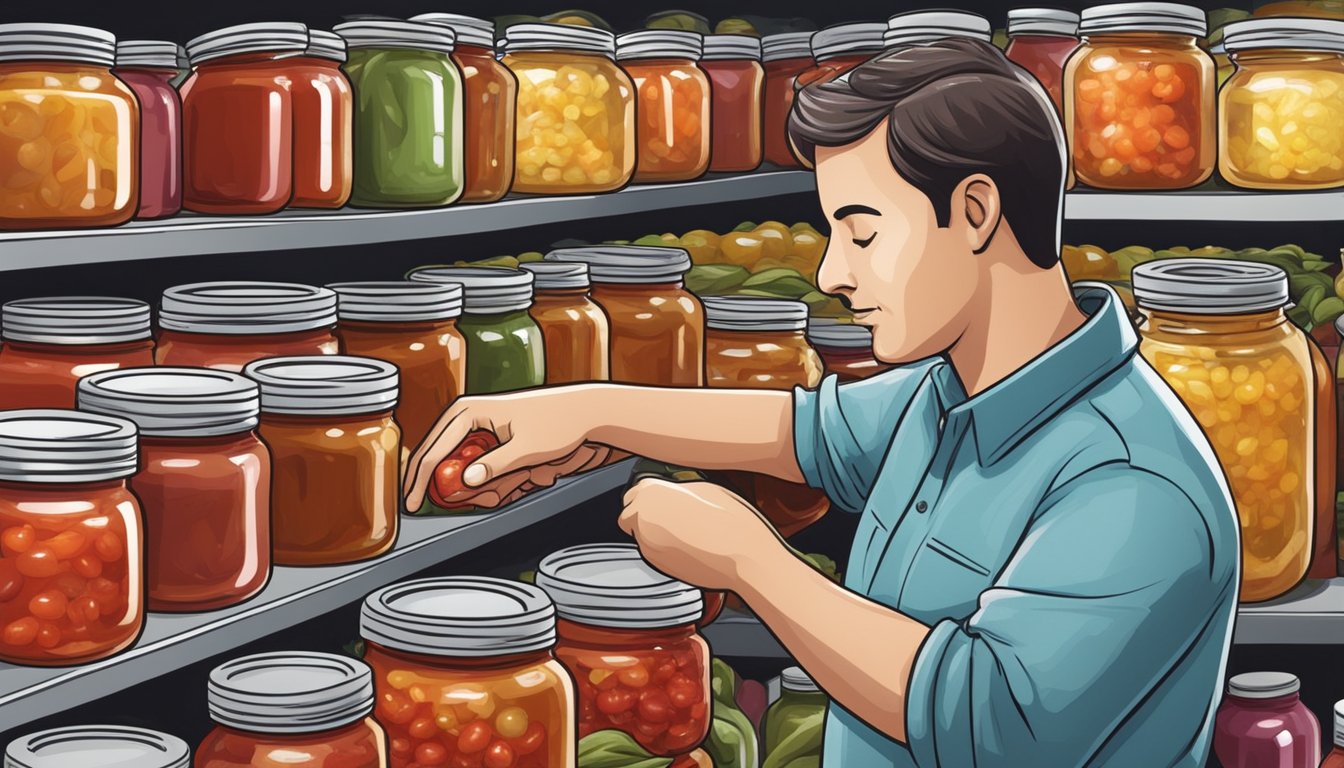 A person inspecting jars of salsa for signs of spoilage or improper sealing