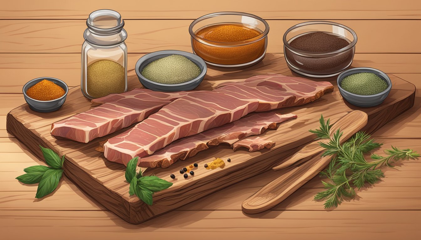 A rustic wooden table with a variety of spices, herbs, and condiments laid out next to a slab of raw pork ribs