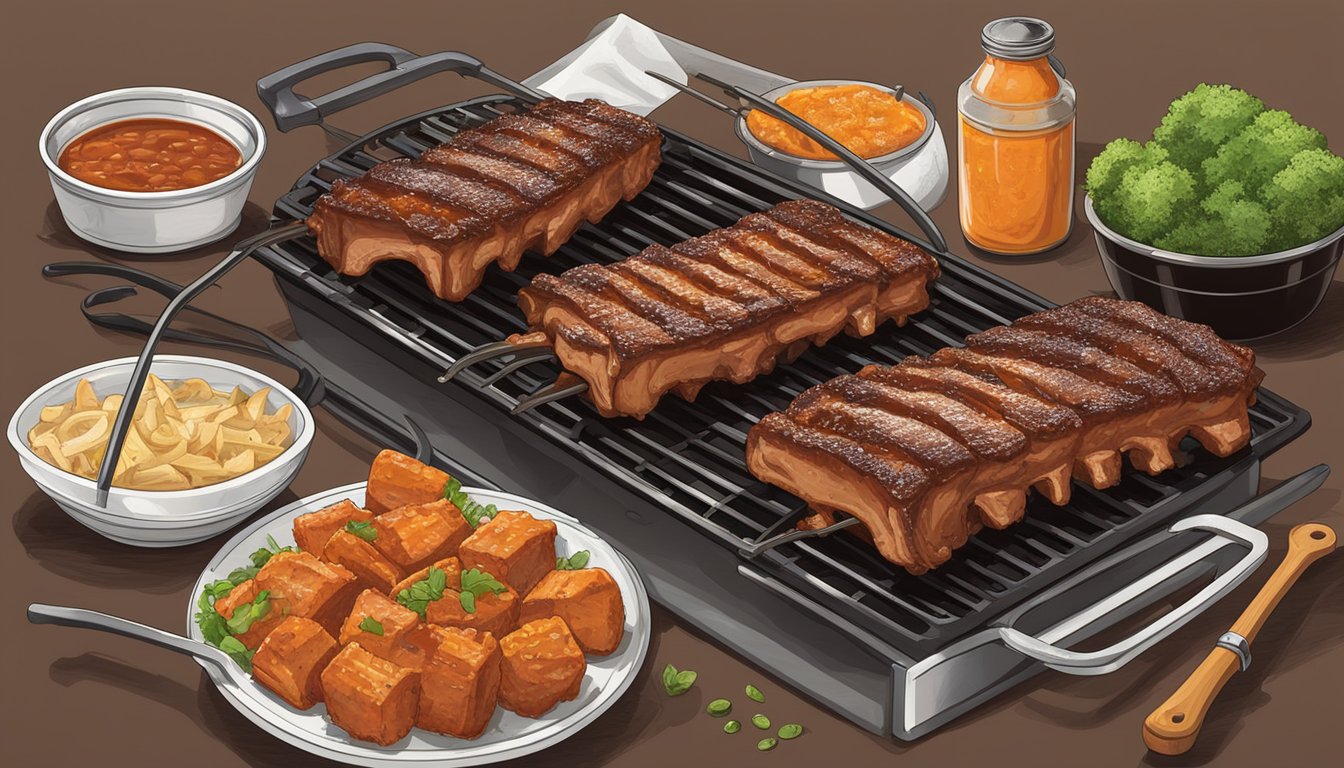 Pork ribs sizzling on a hot grill, coated in Texas-style BBQ sauce, surrounded by grilling tools and ingredients