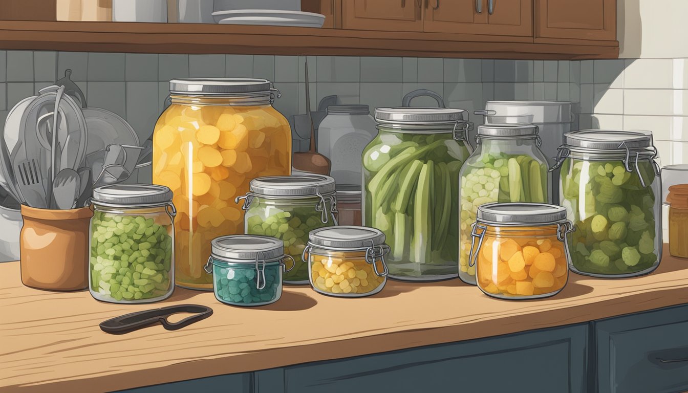 A kitchen counter with jars of homemade chow chow, a pot of boiling water, and various canning tools scattered around