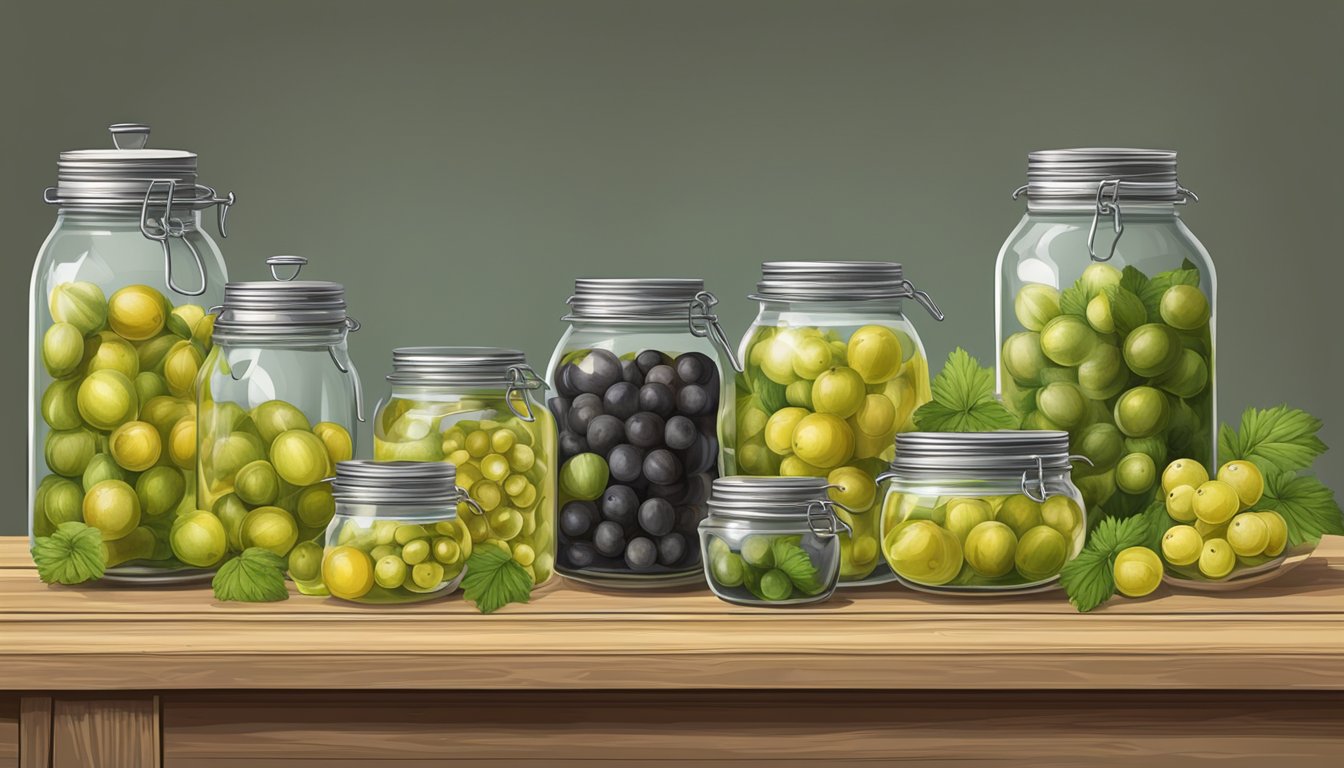 A table with jars, lids, and a canning pot. Gooseberries and a funnel ready for preservation