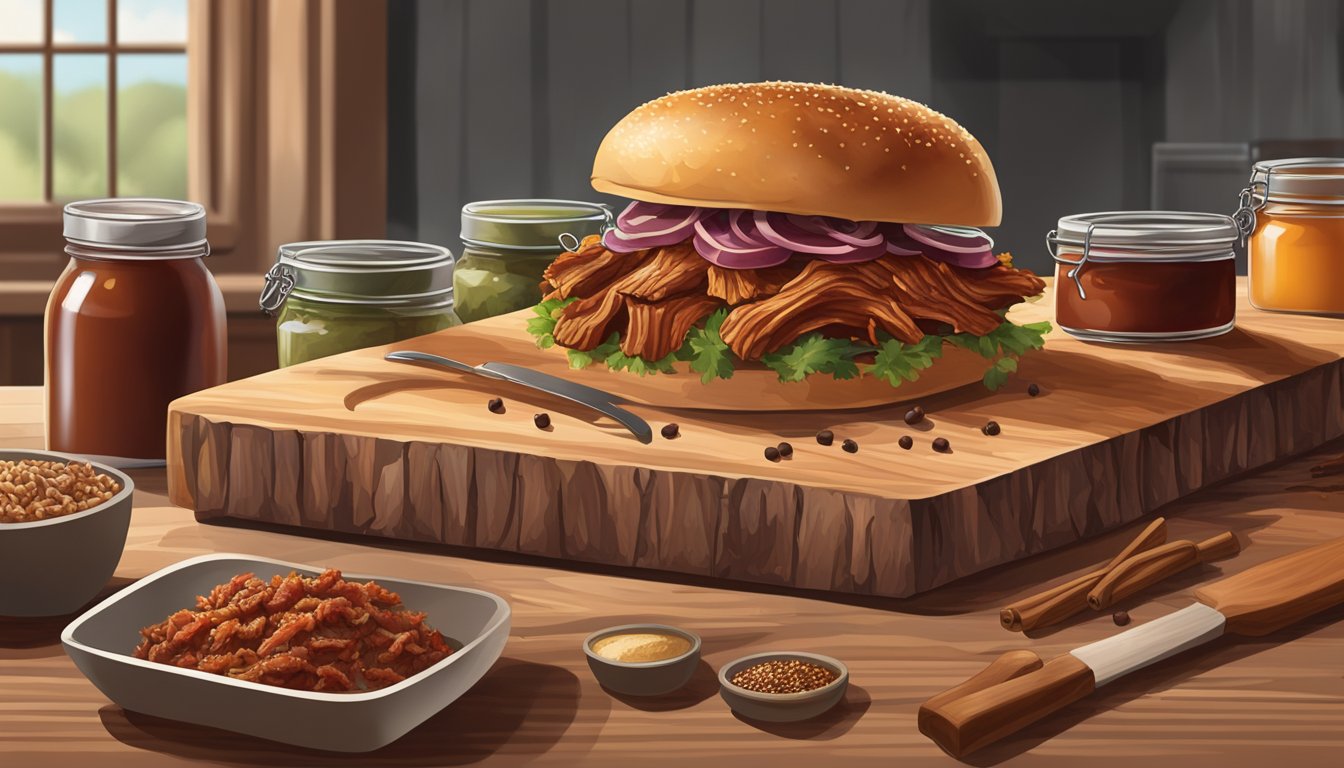 A rustic wooden cutting board with a mound of tender pulled pork, surrounded by jars of tangy BBQ sauce and a scattering of Texas-style spices