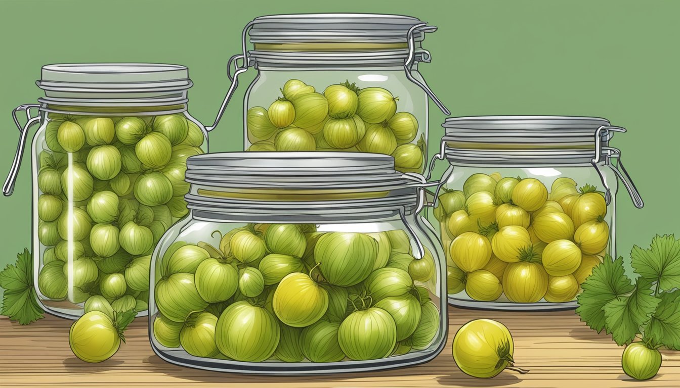 Gooseberries being prepared, jars filled, lids sealed, and placed in a boiling water bath for canning