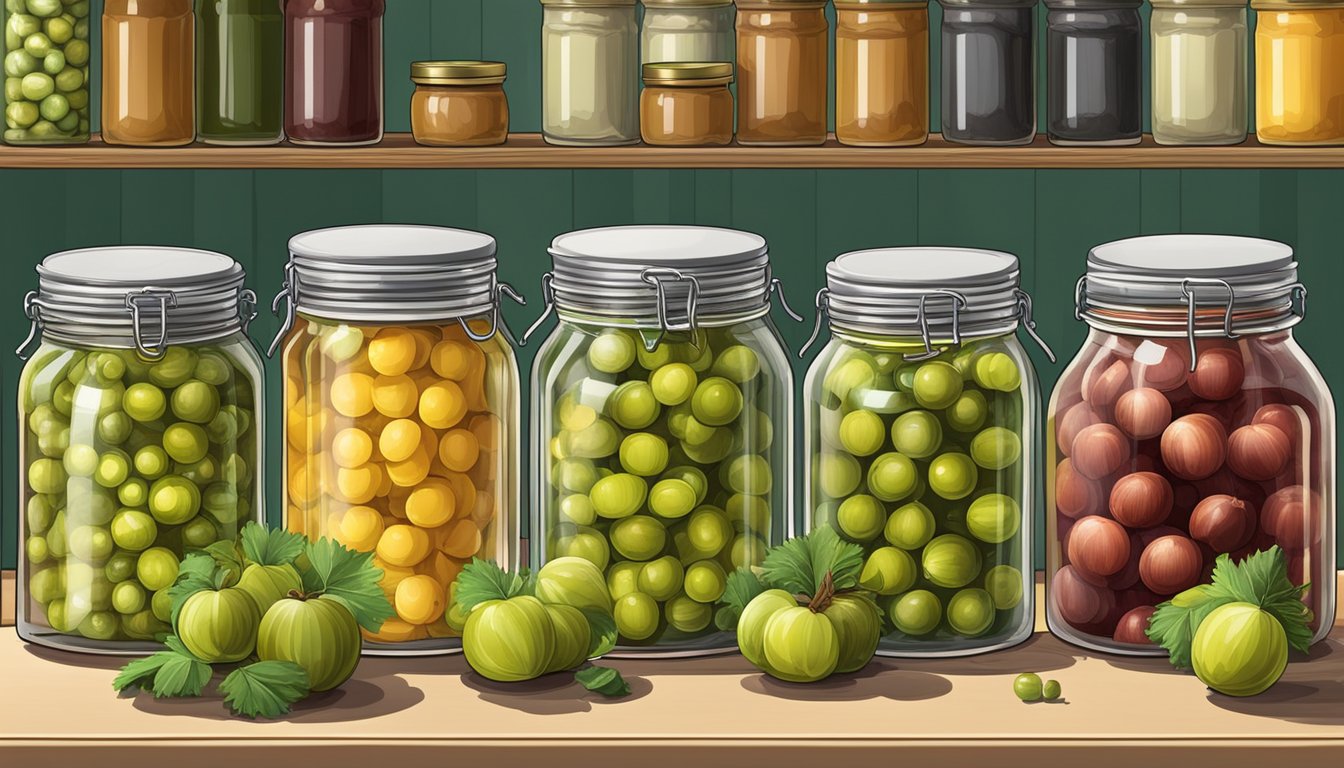 A kitchen counter with jars of canned gooseberries and a shelf stocked with preserved goods