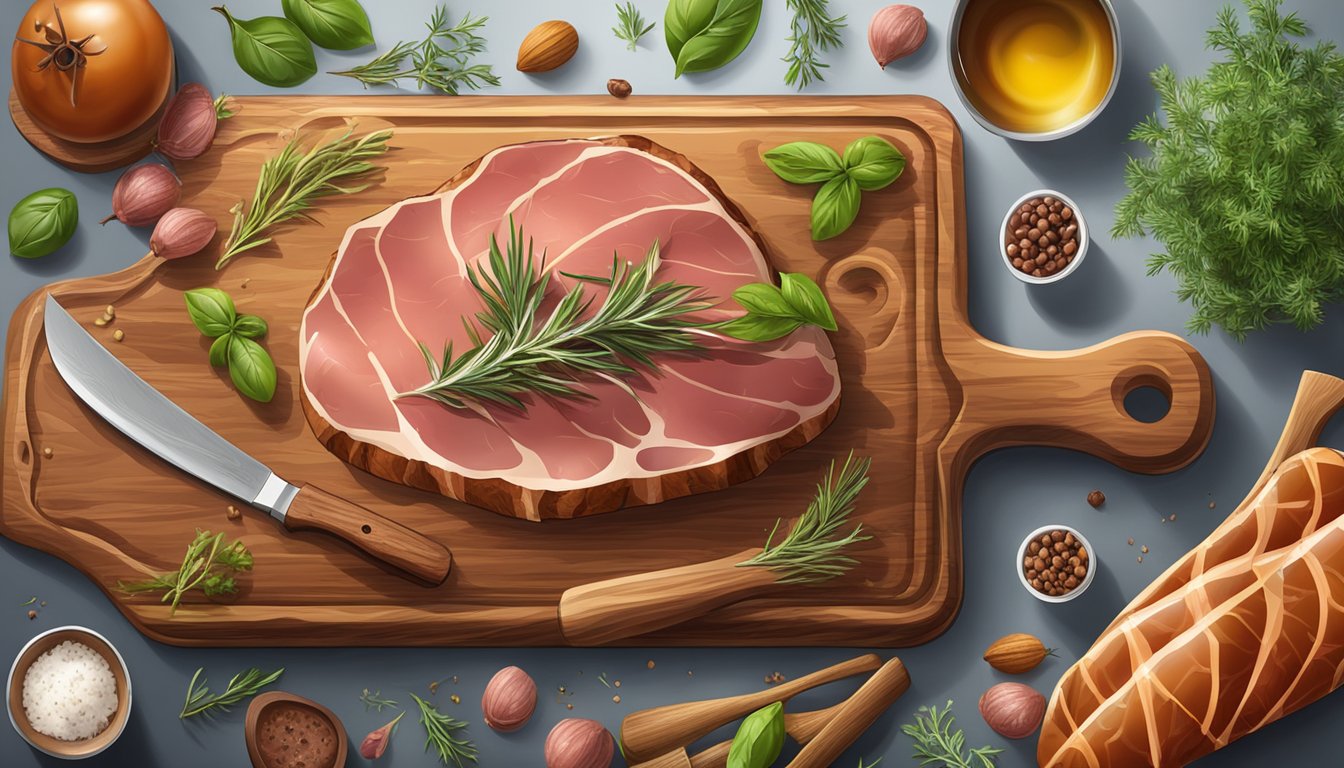 A rustic wooden cutting board with a perfectly glazed and smoked ham, surrounded by aromatic herbs and spices