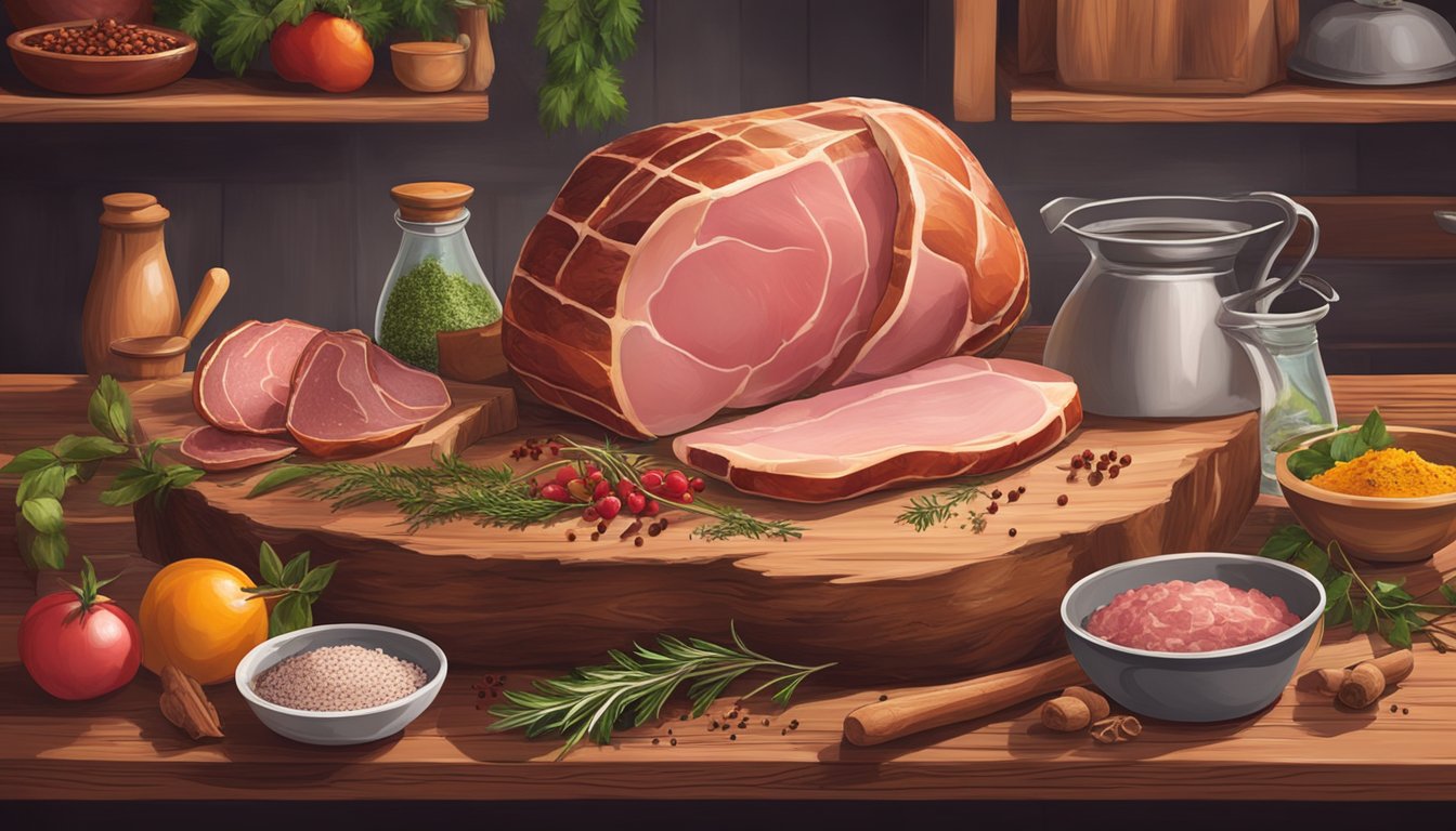 A rustic wooden table with a large, raw smoked ham surrounded by a variety of spices and herbs, ready for preparation in a Texas-style kitchen