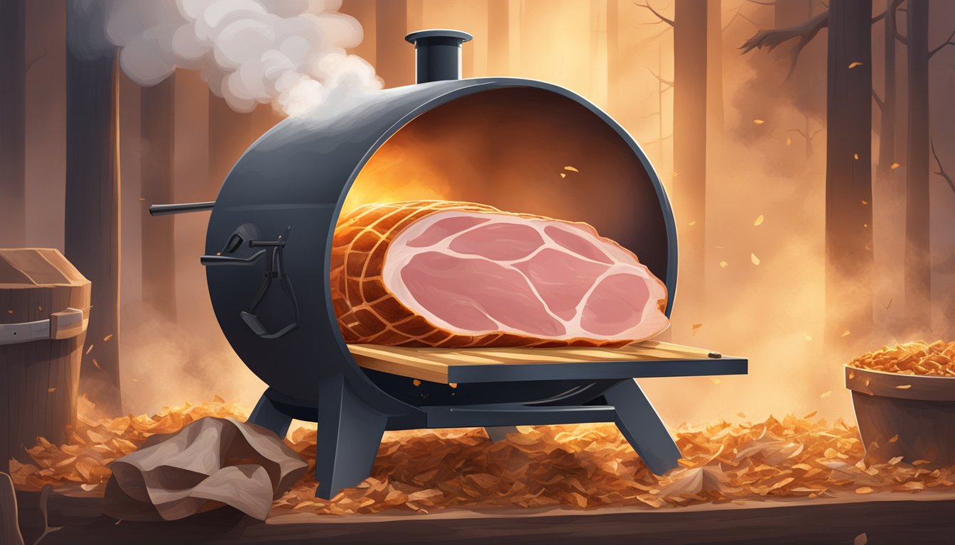 A large ham being placed in a smoker, surrounded by wood chips and emitting a plume of fragrant smoke