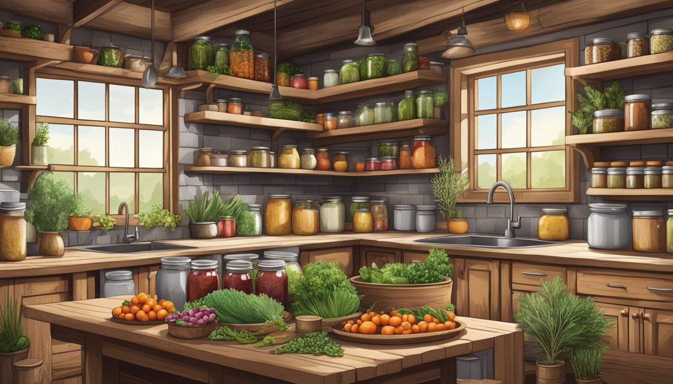 A rustic kitchen with shelves filled with canned wild pheasant, surrounded by fresh herbs, vegetables, and jars of homemade preserves