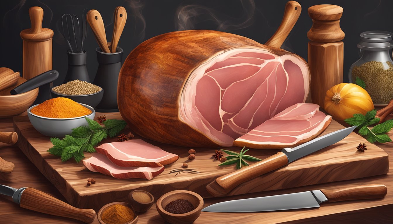 A rustic wooden table with a large smoked ham resting on a cutting board, surrounded by various carving tools and spices