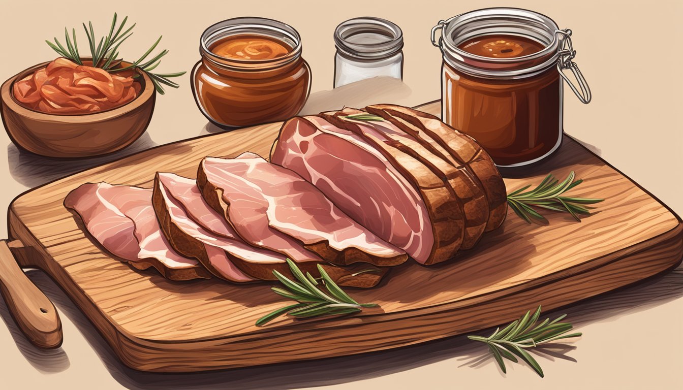 A rustic wooden cutting board with slices of smoked ham, accompanied by a jar of tangy Texas-style barbecue sauce and a sprig of fresh rosemary