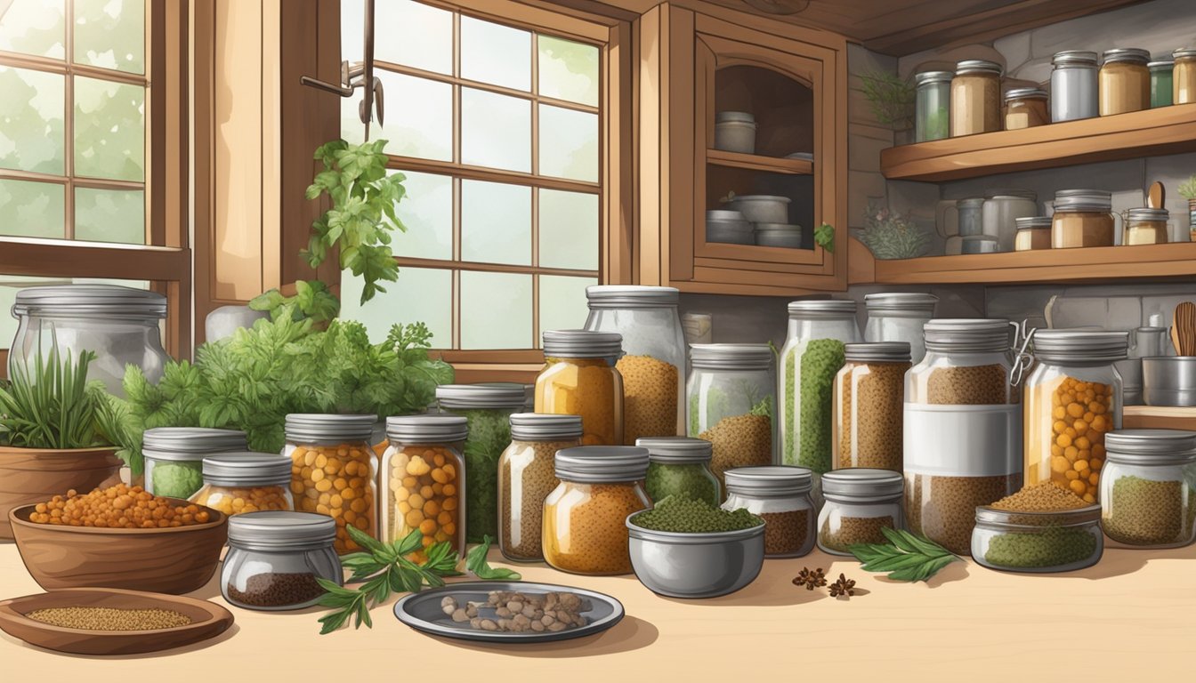 A rustic kitchen counter with jars of canned wild pheasant, surrounded by a variety of herbs, spices, and cooking utensils