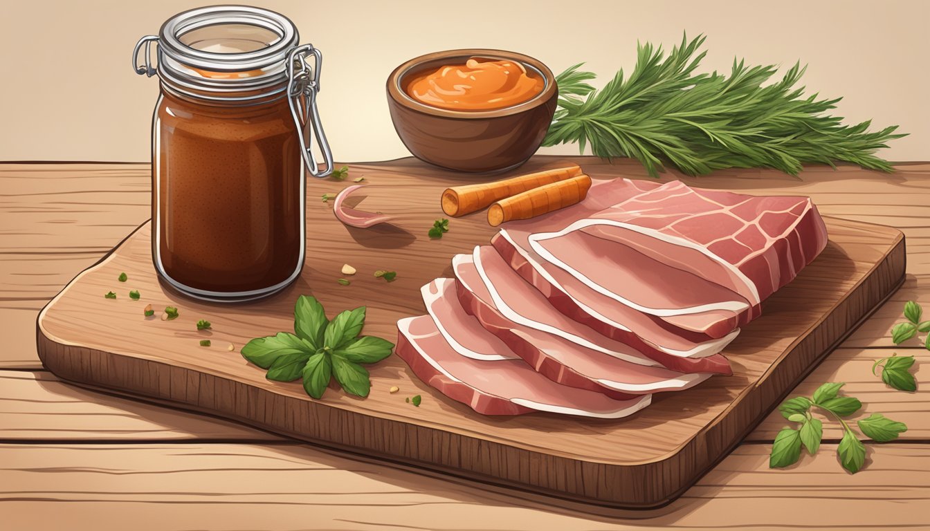 A rustic wooden cutting board with slices of smoked ham, accompanied by a jar of tangy Texas-style barbecue sauce and a sprinkle of fresh herbs