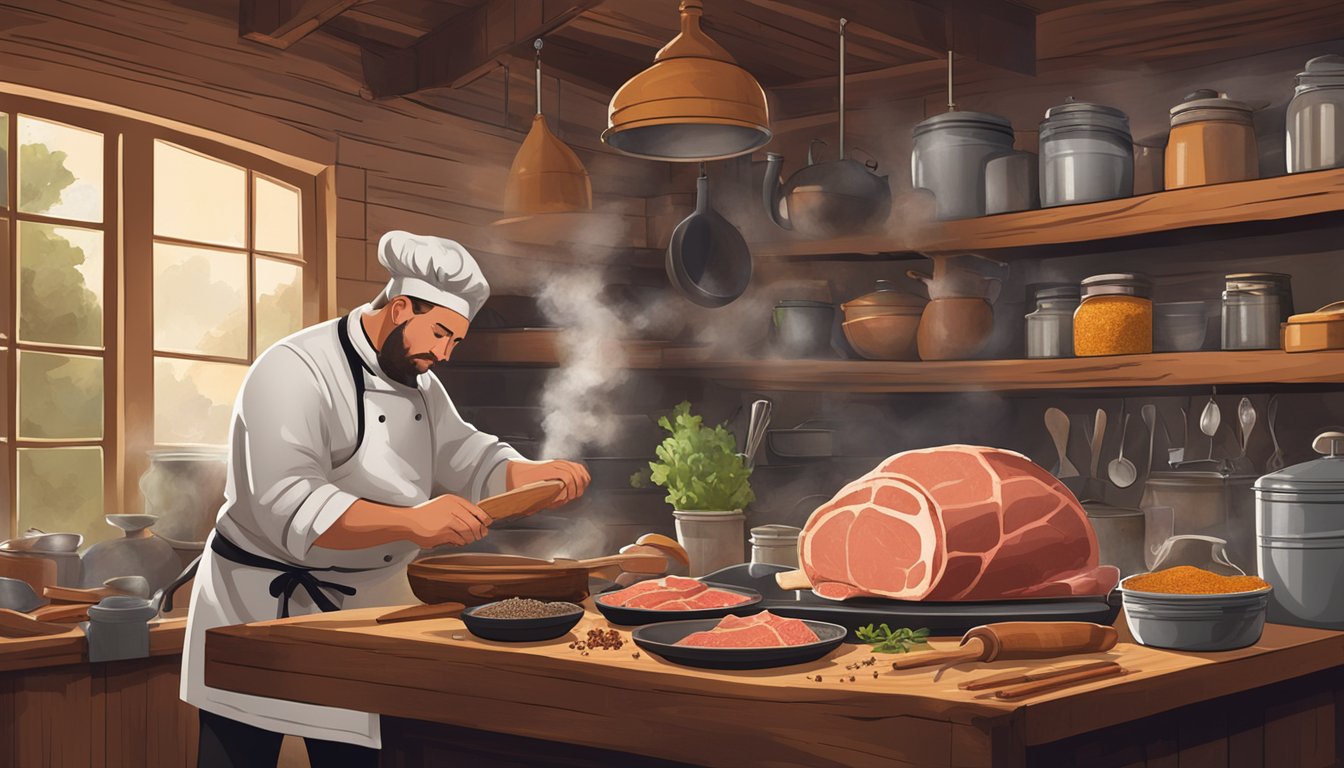 A chef slicing and seasoning a smoked ham in a rustic Texas kitchen, surrounded by jars of spices and hanging cast iron cookware