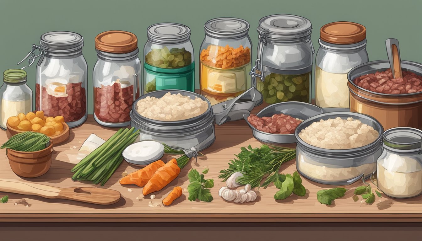 A kitchen counter with jars of canned goat meat, some showing signs of spoilage or improper sealing. Utensils and ingredients scattered around